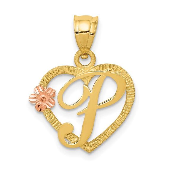 14k Two Tone Gold Grace Collection 15mm Heart Initial P Pendant - Picture 1 of 5